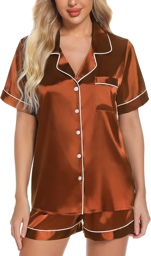 Samring Women's Silk Satin Pajamas Set Short Sleeve Sleepwear Two Piece Button Down Pj Set with Pockets S-XXL