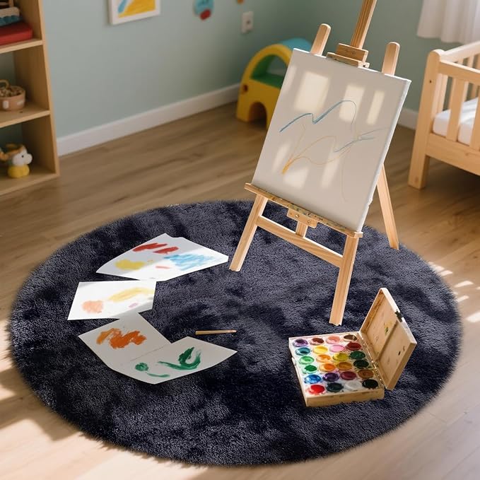 OLANLY Deep Grey Tie-dye Round Rugs for Bedroom - Machine Washable, 4x4 Feet Circle Area Rugs for Living Room, Soft and Fluffy Shaggy Carpet for Teen Girls and Boys, Dorms, Home Decor Aesthetic