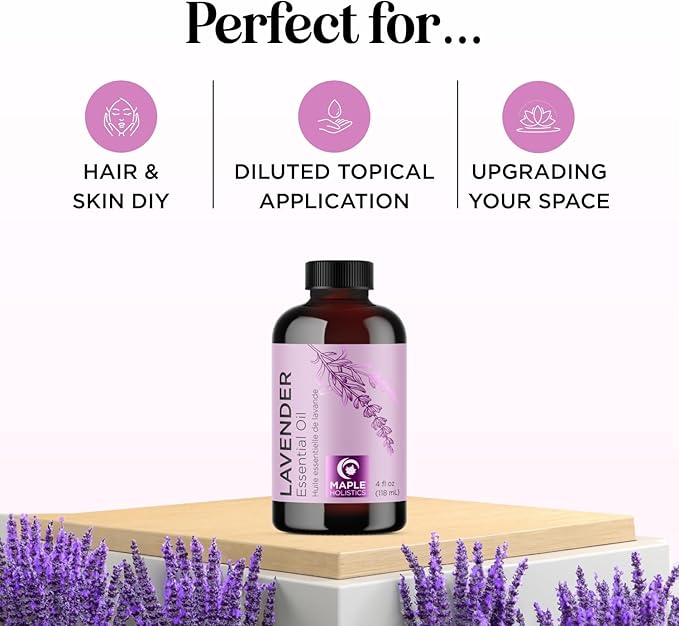 Pure Lavender Essential Oil - Lavender Oil for Hair Skin and Nails Plus Aromatherapy Diffusers Humidifiers Linens and Baths for at Home Spa Self Care - Premium Grade Non-GMO in Glass Bottle (4 Fl Oz)