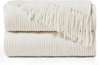 inhand Throw Blanket for Couch Bed,Chunky Chenille Woven Soft Blankets with Tassels,Cozy Boho Farmhouse Spring Summer Fall Decor,Warm Knitted Gifts for Women,50"x60",Medium Thick-Off White