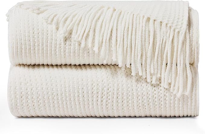 inhand Throw Blanket for Couch Bed,Chunky Chenille Woven Soft Blankets with Tassels, Cozy Boho Farmhouse Fall Winter Decor,Warm for Women,60"x80",Medium Thick-Off White