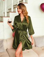 Ekouaer Women's Lace-Trim Silk Robes Bride Bridesmaid Kimono Satin Bathrobe V Neck Sleepwear with 3/4 Sleeve