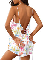 Ekouaer Womens Satin Pajamas Set Tie Back Silk Pjs Adjustable Lingerie Cami Top and Shorts Nightwear Sets