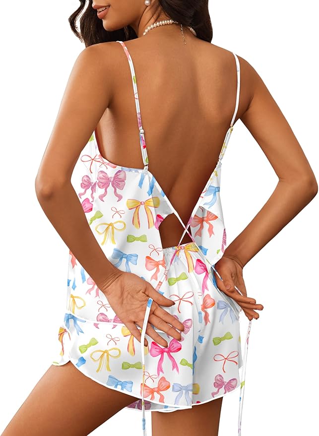 Ekouaer Womens Satin Pajamas Set Tie Back Silk Pjs Adjustable Lingerie Cami Top and Shorts Nightwear Sets