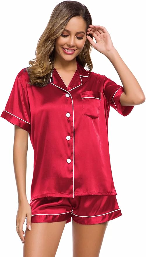 LecGee Womens Silk Satin Pajamas Short Sleeve Loungewear Two-Piece Sleepwear Button-Down Pj Set