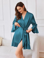 Ekouaer Women's Satin Robe Short Ruffle Hem Silky Robes Lightweight Kimono Brides Bathrobes Sleepwear XS-XXL