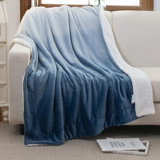 Elegant Comfort Throw Blanket, Reversible Sherpa Flannel, Ultra-Soft, Fuzzy, Cozy and Plush- All Season Lightweight Decorative Throw, 50 x 60 inches, Ombre Design Sherpa Throw, Blue (Pack of 2)