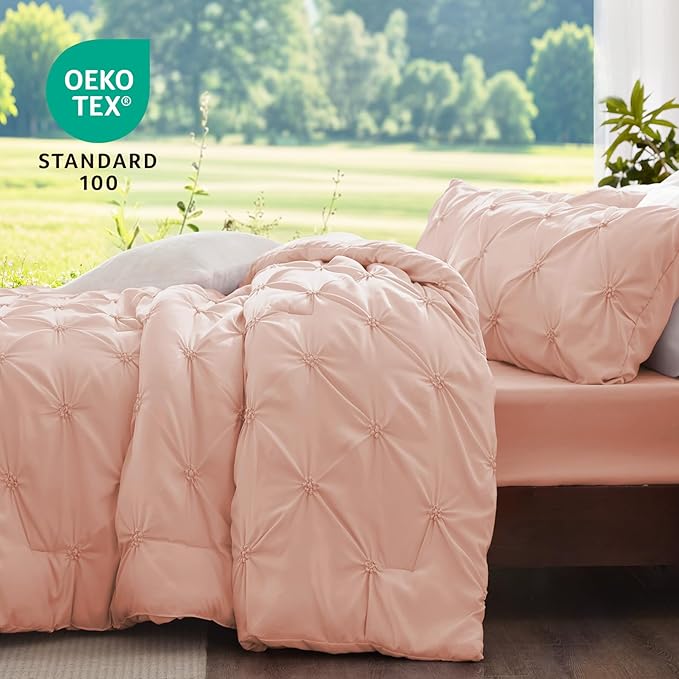 BEDELITE Dusty Pink Queen Comforter Set - 3 Pieces Boho Pintuck Bedding Comforter Sets, Lightweight Soft & Warm Bed Comforter Queen with 2 Pillowcases for All Season