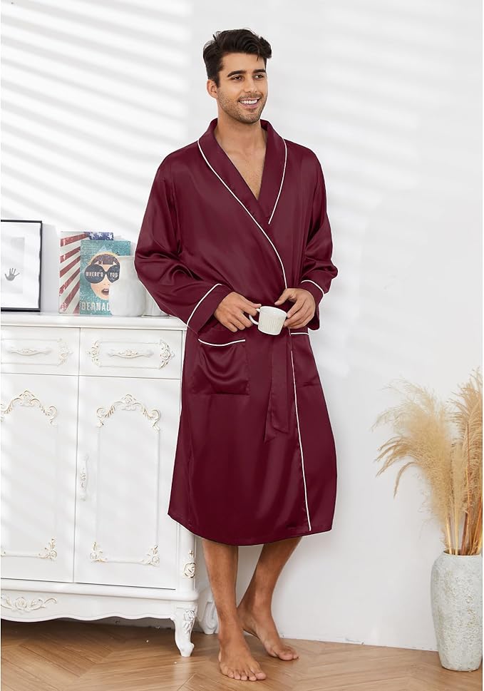 Vulcanodon Men’s Satin Robe Lightweight,Men's Luxurious Silk Kimono Bathrobe