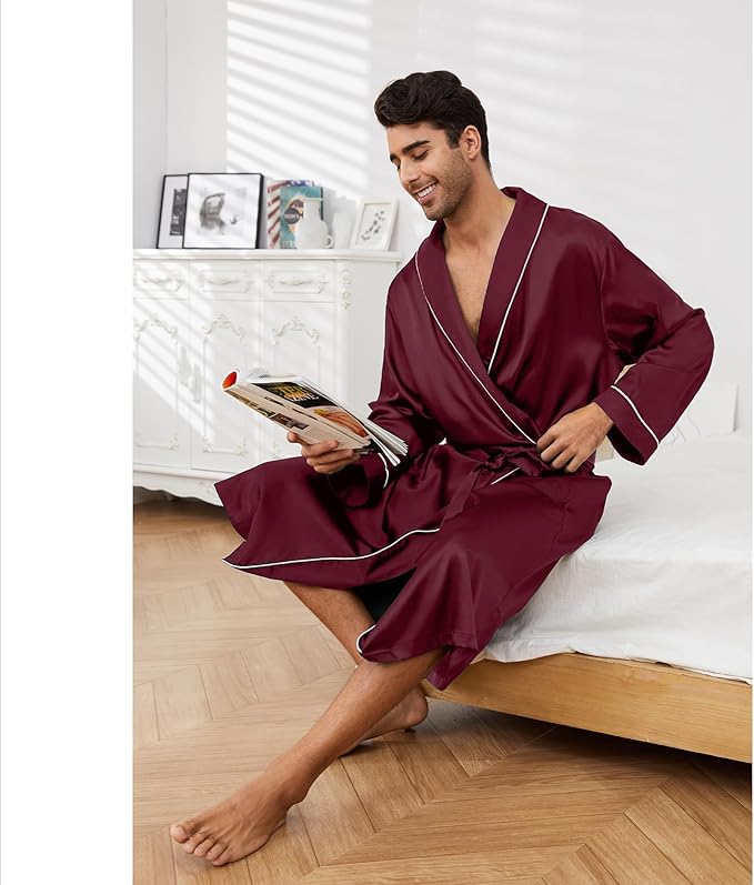 Vulcanodon Men’s Satin Robe Lightweight,Men's Luxurious Silk Kimono Bathrobe