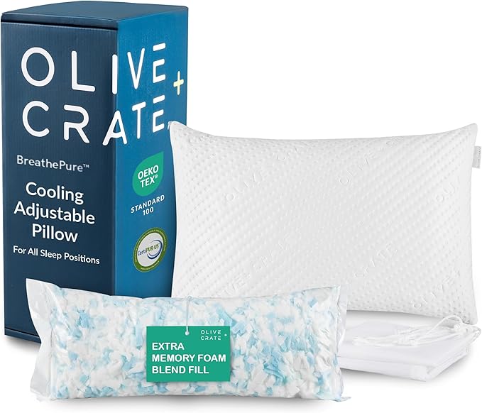 Olive + Crate BreathePure™ Adjustable Cooling Shredded Memory Foam Pillow - Breathable Bamboo Viscose Cover for Temperature Control - Gel Pillows for Side Sleepers - Queen Size