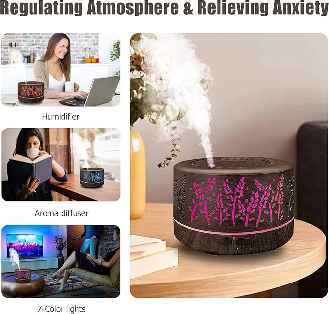 Diffusers for Essential Oils Large Room 600ml,Essential Oil Diffusers for Home with R/C,Cool Mist Humidifier,7 Colors Lights & 3 Mist Mode Waterless Auto Off for Office