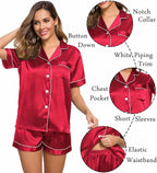 LecGee Womens Silk Satin Pajamas Short Sleeve Loungewear Two-Piece Sleepwear Button-Down Pj Set