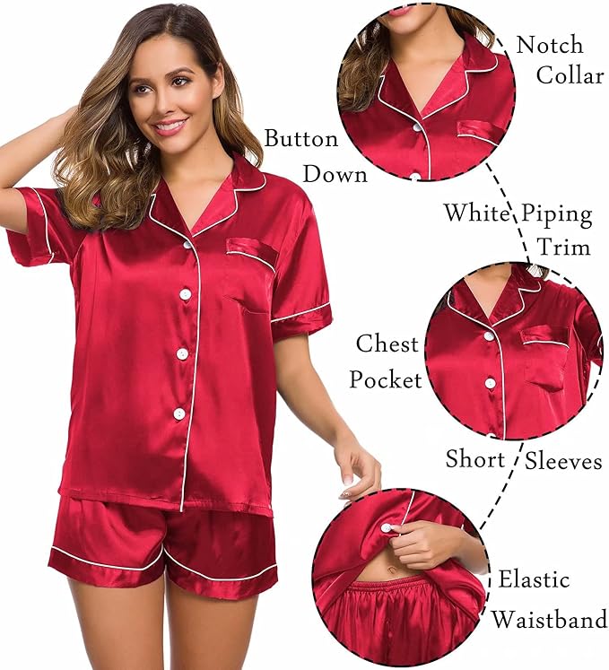 LecGee Womens Silk Satin Pajamas Short Sleeve Loungewear Two-Piece Sleepwear Button-Down Pj Set