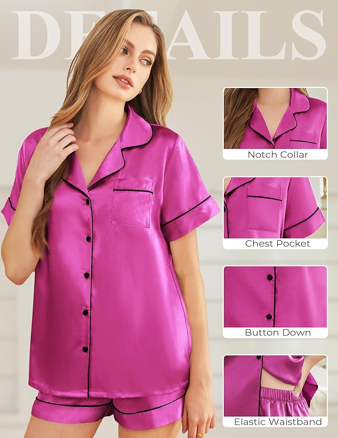 Silk Pajamas for Women Short Sleeve Sleepwear Soft Button Down Loungewear 2 Piece Satin Pjs Shorts Set S-XXL