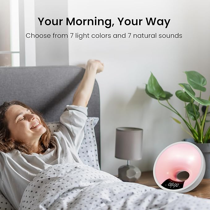HOM Smart Sunrise Alarm Clock with Wake-Up Light & FM Radio - Digital Clock and Lamp with 7 Natural Sounds and 7 Light Colors - Easy Control via Amazon Alexa and Google Home