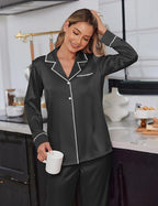 Ekouaer Satin Pajama Set for Women Silky Sleepwear Long Sleeve Top and Pants Button Down Pjs Lounge Set