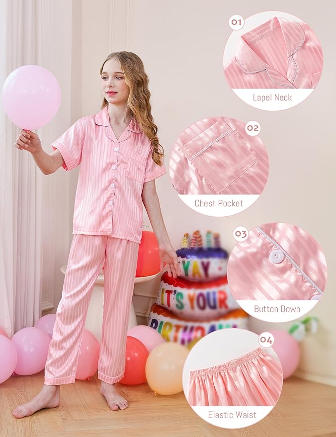 DIPUG 3 Piece Girls Silk Pajamas Set Soft Satin PJs Sleepwear for Comfortable Nights