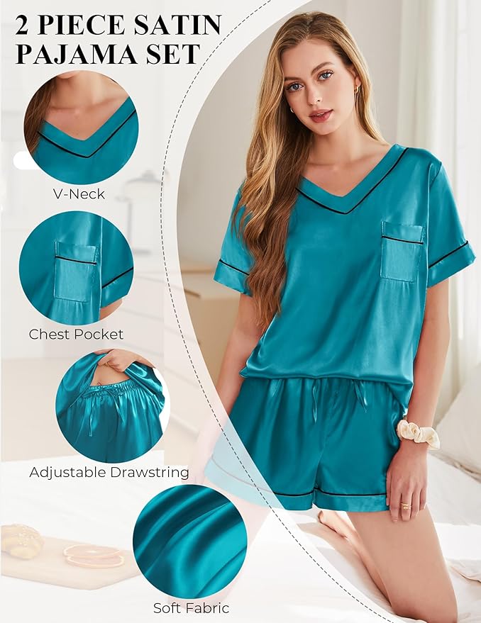 Silk Pajamas for Women Short Sleeve Satin 2 Piece Pj Set Soft V Neck Sleepwear Loungewear, S-XXL