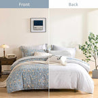 ALEISSEL Smoky Blue Botanical Cotton Comforter Queen Size - 3PC Lightweight Bedding Sets with Soft Fill, Luxurious Vintage-Inspired Floral Patterns, Light Gray Striped Reversible Design