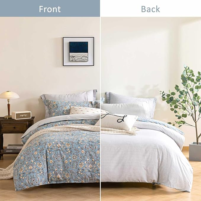 ALEISSEL Smoky Blue Botanical Cotton Comforter Queen Size - 3PC Lightweight Bedding Sets with Soft Fill, Luxurious Vintage-Inspired Floral Patterns, Light Gray Striped Reversible Design