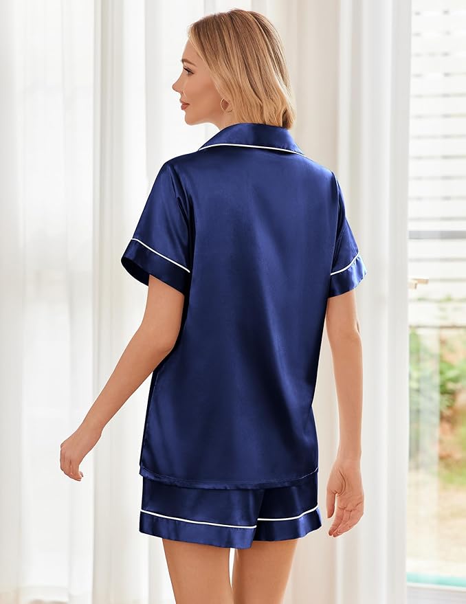 Ekouaer Womens Silk Satin Pajama Sets Soft Short Sleeve Button Down Sleepwear Top and Shorts 2 Piece Pjs Lounge Set