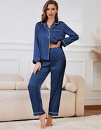 SAPJON Satin Silk Pajamas for Women Set 5PCS Classic Button Down Pajamas Top and Pants Cami and Ruffle Shorts Sleepwear