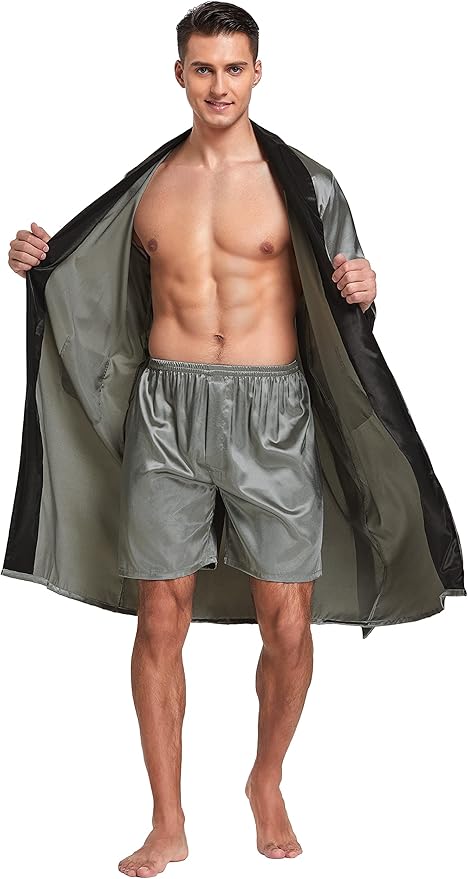 Tony & Candice Men's Satin Robe Lightweight Long Sleeve Silk Kimono Bathrobe with Shorts Set Sleepwear