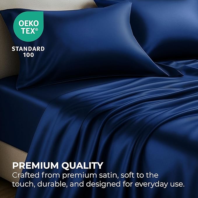 Satin Sheets Queen [4-Piece, Navy] Hotel Luxury Silky Bed Sheets - Extra Soft 1800 Microfiber Sheet Set, Wrinkle, Fade, Stain Resistant - Deep Pocket Fitted Sheet, Flat Sheet, Pillow Cases