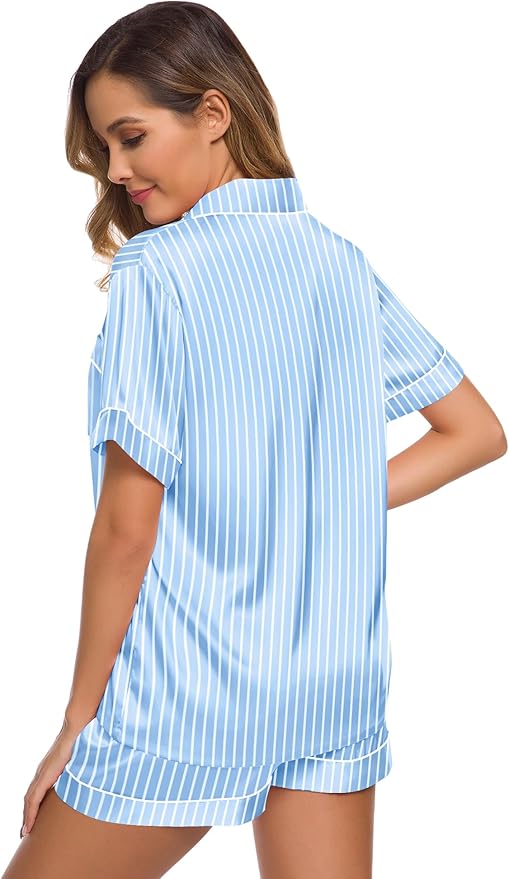 SWOMOG Womens Silk Satin Pajamas Set Short Sleeve Sleepwear Button Down Top and Shorts Loungewear 2 Piece Pjs Set XS-3XL
