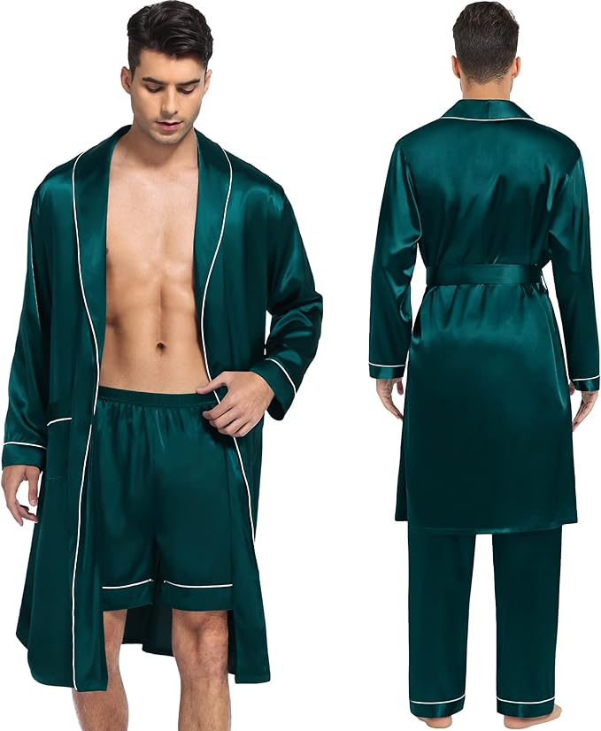SWOMOG Men's Satin Robe 3 Pcs Silky Kimono Bathrobe Set Lightweight Soft Loungewear Nightwear