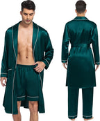 SWOMOG Men's Satin Robe 3 Pcs Silky Kimono Bathrobe Set Lightweight Soft Loungewear Nightwear