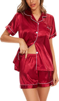Women's Silk Pajama Set Short Sleeve Sleepwear Satin Button Down Pj Tops and Shorts 2 Piece Loungewear