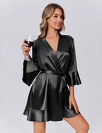 Ekouaer Women's Satin Robe Short Ruffle Hem Silky Robes Lightweight Kimono Brides Bathrobes Sleepwear XS-XXL