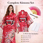 Kimonos for Women Japanese Style Satin Kimono Robe with Bow Belt Fan Hair Accessory and Tabi Socks