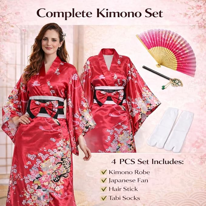Kimonos for Women Japanese Style Satin Kimono Robe with Bow Belt Fan Hair Accessory and Tabi Socks