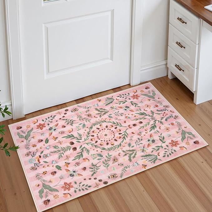 Lahome Chloe Insect Botanical 2x3 Small Pink Rugs for Bedroom Washable Bathroom Rugs, Boho Floral Door Mat Indoor Entrance, Soft Non-Slip Indoor Throw Carpet for Bedside Entryway Laundry(Pink,2'x3')