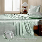 MR&HM Satin Bed Sheets with Elastic Corner Straps, Queen Size Sheets Set, 4 Pcs Silky Bedding Set with 15 Inches Deep Pocket for Mattress (Queen, Floral Sage)