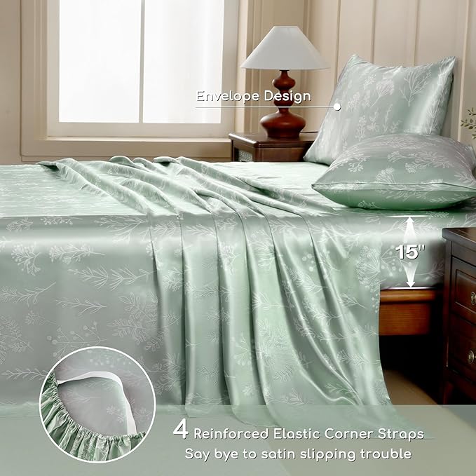 MR&HM Satin Bed Sheets with Elastic Corner Straps, Queen Size Sheets Set, 4 Pcs Silky Bedding Set with 15 Inches Deep Pocket for Mattress (Queen, Floral Sage)