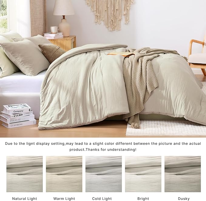WRENSONGE King Size Comforter Set - 3 Pieces Light Oatmeal Comforter Prewashed Soft Lightweight for All Seasons,Fluffy Down Alternative Comforter King Size with 2 Pillow Shams