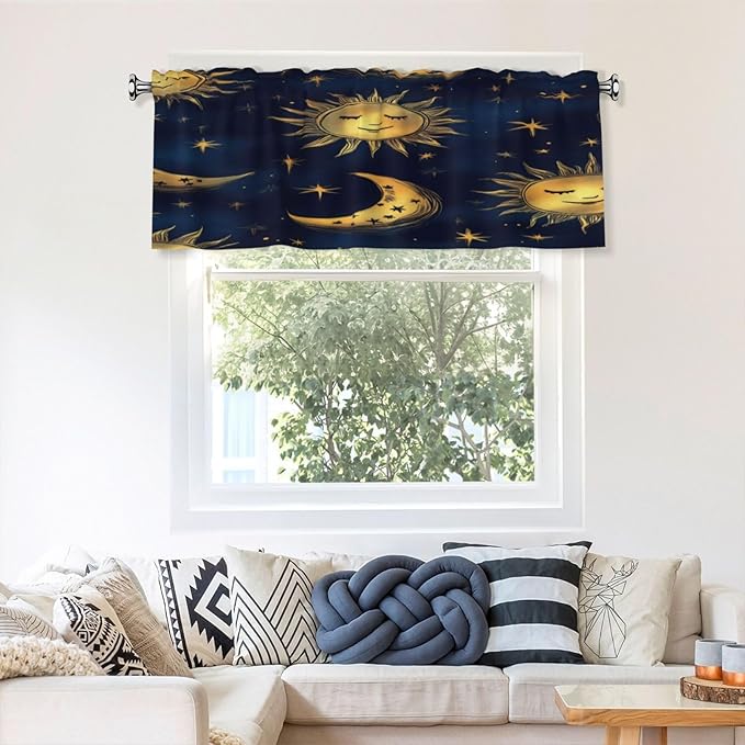 Whimsical Night Sky Pattern Illustration Curtain Valance Peach Skin Velvet Printed Window Valance with Rod Pocket Light Filtering for Kitchen Bathroom 54x18in