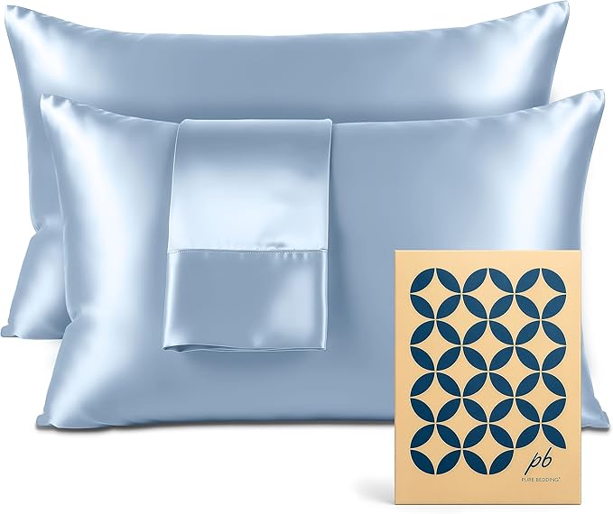 Pure Bedding Satin Pillowcase 2 Pack - Queen Size (20"x30", Baby Blue) - Silky Pillow Cases for Hair and Skin - Satin Pillow Covers with Envelope Closure - Extra Soft Premium Microfiber