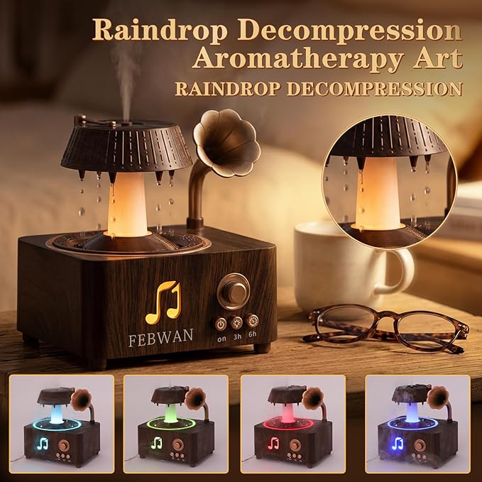 Rotating Water Droplet Aromatherapy Diffuser, Vintage Record Player Essential Oil Diffuser with Bluetooth Speaker, Ultrasonic Humidifier, Colorful Lights, Timer, Remote Control, 250ml, Gift