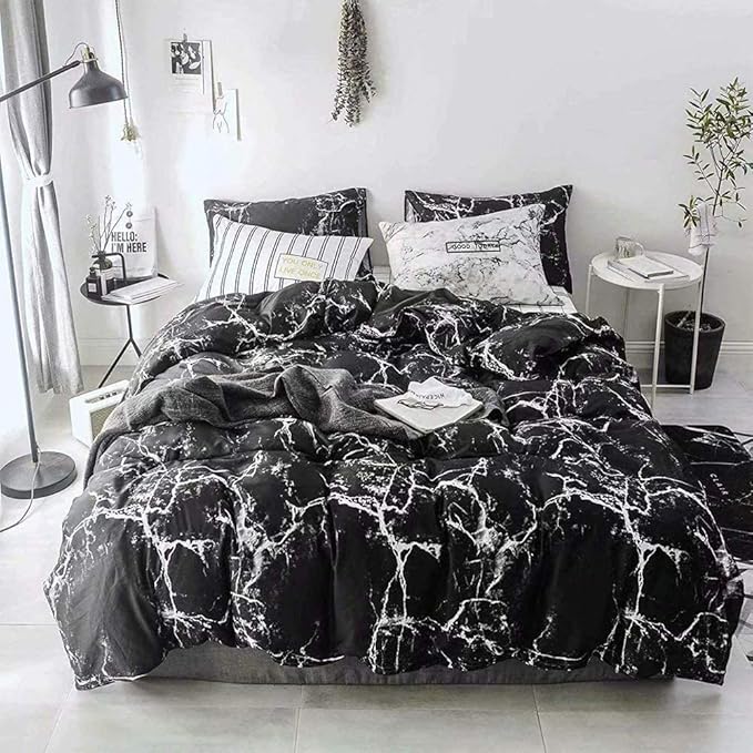 CLOTHKNOW Black Marble Queen Comforter Set Black Bedding Comforter Sets Black White Abstract Comforter Queen Men Women Queen Size Comforter Sets