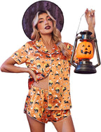 Ekouaer Womens Silk Satin Pajama Set Print Short Sleeve Sleepwear Button Down Pjs Shorts Set Loungewear