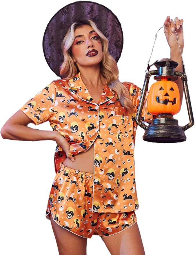 Ekouaer Womens Silk Satin Pajama Set Print Short Sleeve Sleepwear Button Down Pjs Shorts Set Loungewear