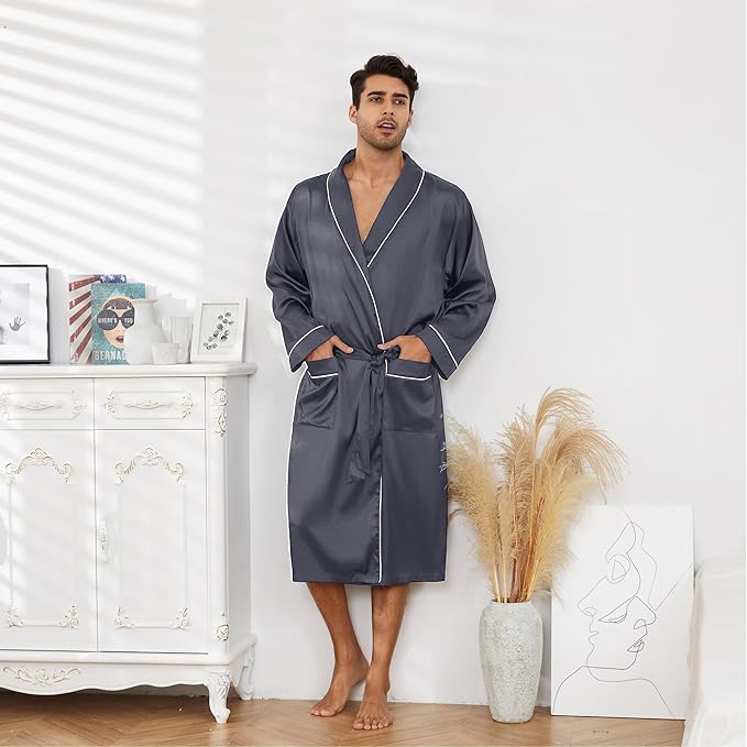 Vulcanodon Men’s Satin Robe Lightweight,Men's Luxurious Silk Kimono Bathrobe