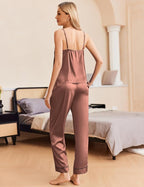 Ekouaer Women Silk Satin Pajamas Sleeveless Pjs Set 2 Piece Summer Loungewear Sleepwear with Pockets S-XXL