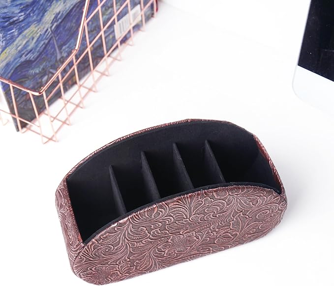 QIELIZI Remote Control Holder, PU Leather Remote Caddy Desktop Organizer with 5 Spacious Compartments for TV Remotes/Media Controllers/Office Supplies (1-Carved Copper Red