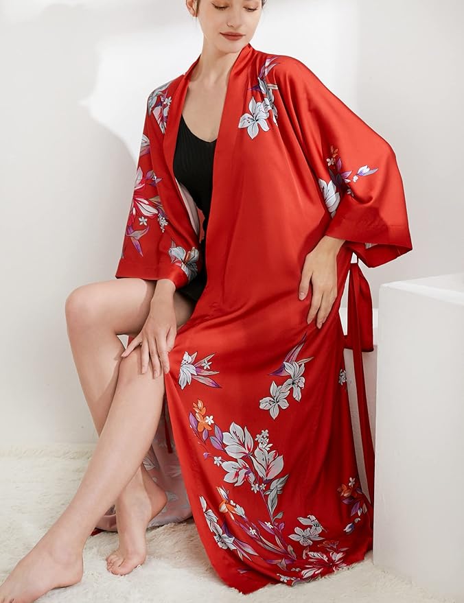 Aensso Long Soft Lightweight Silky Kimonos Robes for Women, Luxury Japanese Floral Womens Kimono Robe